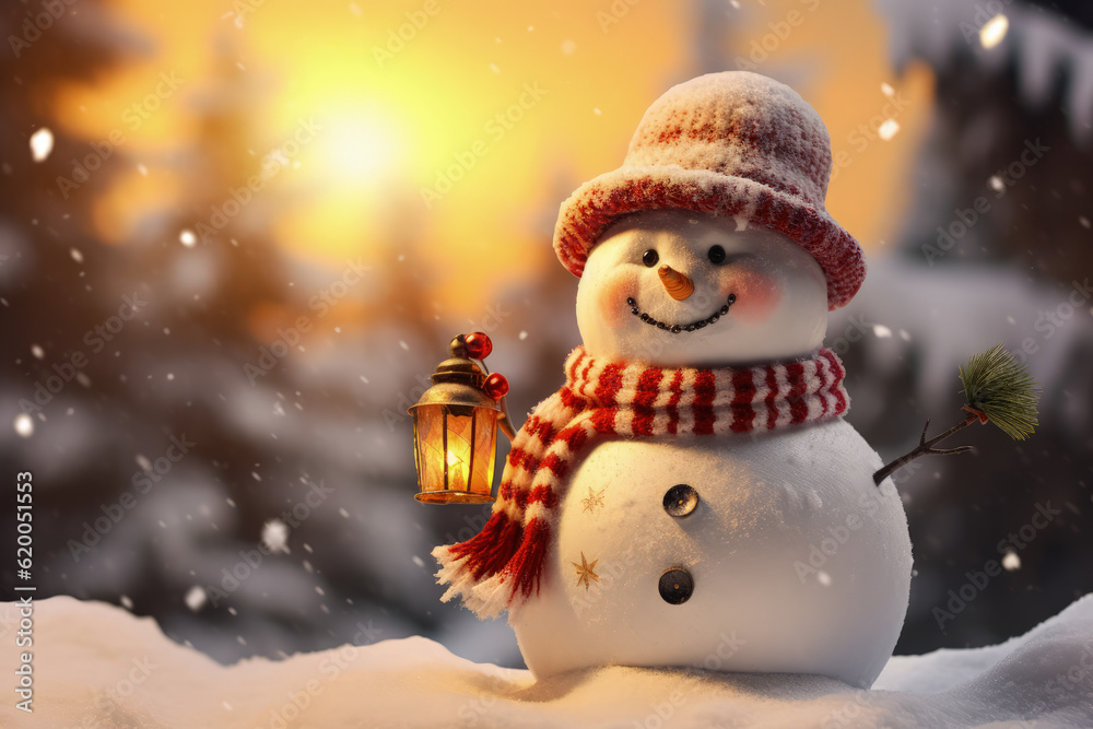 Obraz premium Snowman in a winter Christmas scene .Generative AI, Generative AI