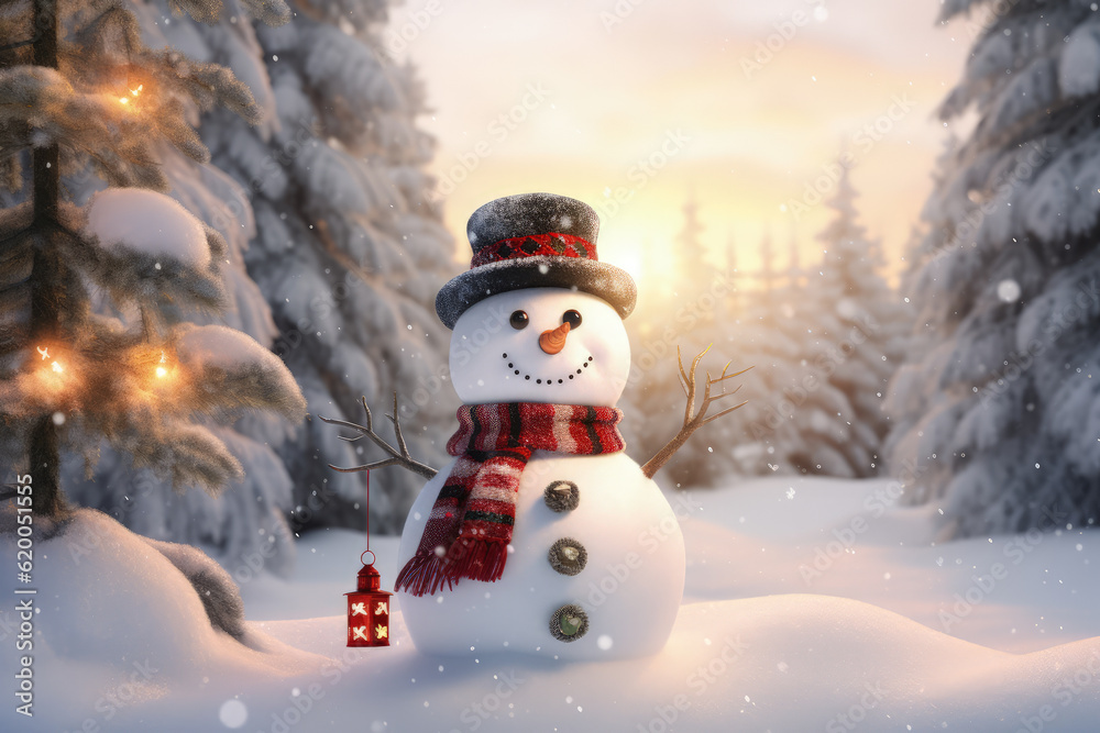 Obraz premium Snowman in a winter Christmas scene .Generative AI, Generative AI