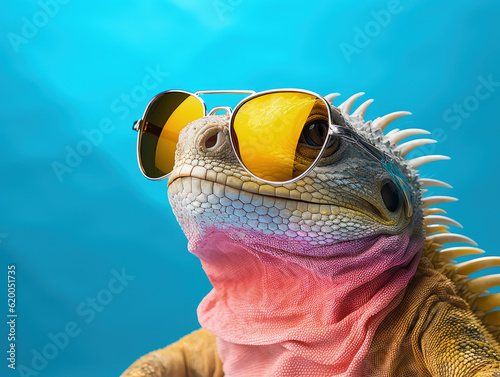 iguana wearing sunglasses, azure background. Generative AI, Generative AI photo