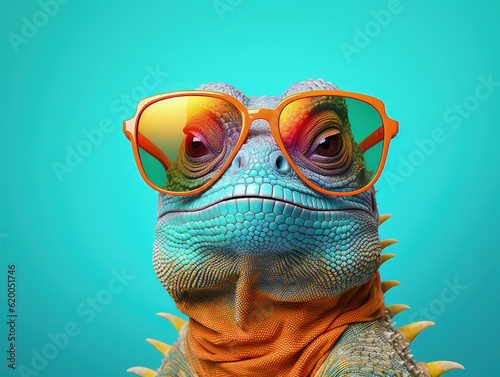 Fotografiet iguana wearing sunglasses, azure background