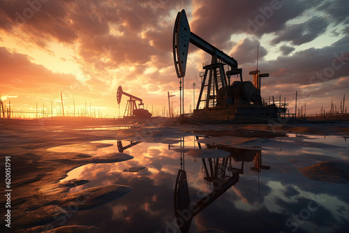 Fototapet silhouette of an oil pump at sunset. Generative AI, Generative AI