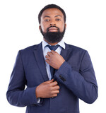 Portrait, formal and businessman fixing tie before corporate company management meeting. Ceo, entrepreneur and serious professional male person with confidence isolated by transparent png background