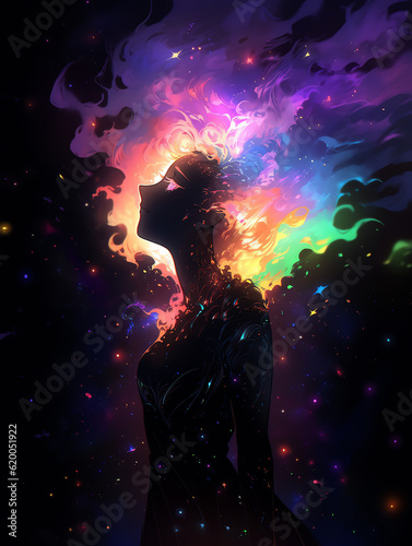 Digital Illustration of A girl in Colorful Cosmic Outer Space Background