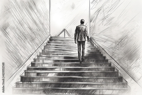 Businessman ascending a staircase, symbolizing success and the pursuit of goals, sketch style illustration. Determination and upward movement in the business world, generative AI