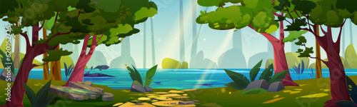 Path to forest river nature landscape background. Tree near lake in spring panorama scene. Illustrated beautiful calm summer stream. Sunlight through foliage wood and rock outdoor scenery design