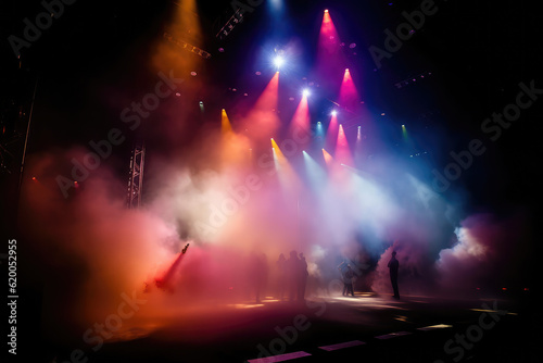 Vibrant stage in the glow of colored spotlights, with smoke adding an air of mystery and drama. The image captures the anticipation and excitement inherent in live performances, generative AI