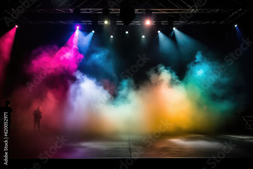 Vibrant stage in the glow of colored spotlights, with smoke adding an air of mystery and drama. The image captures the anticipation and excitement inherent in live performances, generative AI