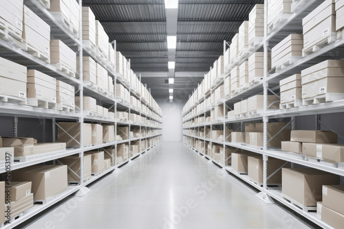 White warehouse with organized shelves laden with boxes. The image exemplifies efficiency, orderliness, and the seamless operation of a well-managed storage system, generative AI