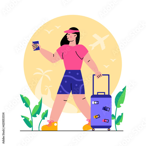 Female with trolley bag holding passport and going to hotel from airport. Woman flew to rest in warm country. Young people traveling around world. Cartoon vector flat illustration concept