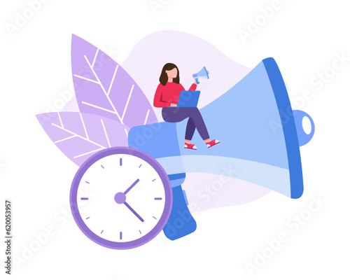 Woman holding big gramophone and making announcement. Timely performance of task. Plan time management, remind about deadlines. Timely completion of project. Vector illustration