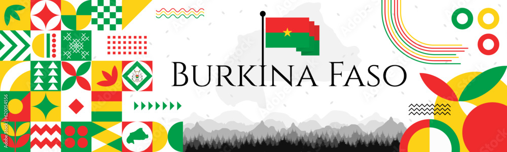 Burkina Faso Independence Day abstract banner design with flag and map. Flag color theme geometric pattern retro modern Illustration design. Red and Green flag color template.