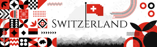Switzerland Independence Day abstract banner design with flag and map. Flag color theme geometric pattern retro modern Illustration design. Red flag color template.