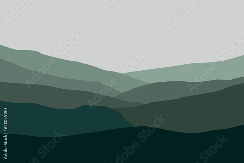landscape with cold mountain silhouettes. Vector illustration in flat style.