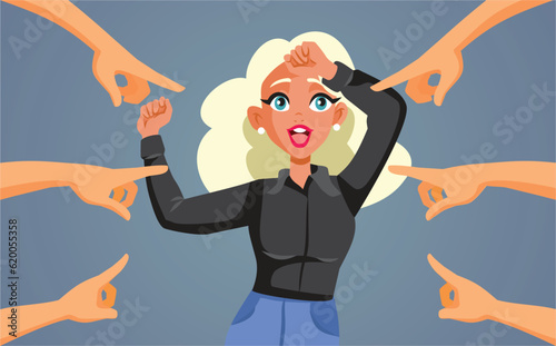 People Pointing to a Blonde Cheerful Woman Having Fun Vector Cartoon. Attention seeker socialite girl in need of validation from strangers 
