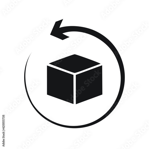 Box package return icon in flat style. Delivery box with arrow illustration on white isolated background. Cargo shipping business concept.