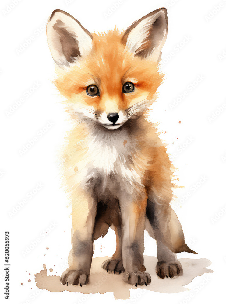 A cute little fox is painted in watercolor