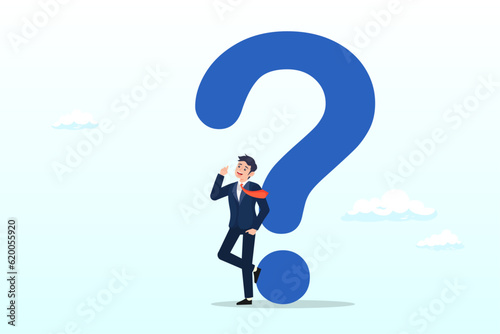 Doubtful businessman thinking about answer with big question mark, question or problem solving, think about answer, contemplation, doubt or concentration, FAQ frequently asked questions (Vector)
