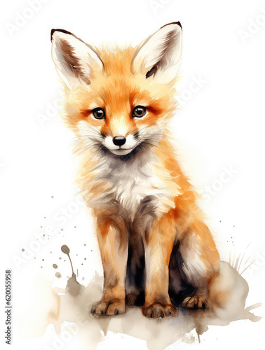 A cute little fox is painted in watercolor