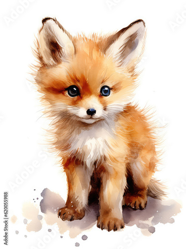 A cute little fox is painted in watercolor © Venka