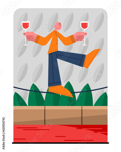 Man standing on path, holding glasses with wine. Tasting wine from organic grapes. Young people engaged in winemaking process. Serving alcohol drinks in restaurant. Vector flat illustration