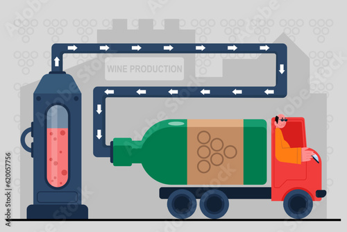 Man filling truck with grape drink. People engaged in manufacturing organic wine. Process of making alcohol drinks. Wine production sector. Vector flat illustration in cartoon style