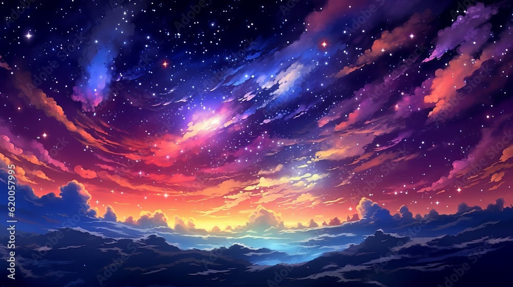 Sky with stars - Captivating 4K anime landscape: serene starry night with twinkling stars and mesmerizing comet, wallpaper, Generative AI