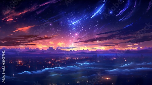 Captivating 4K anime landscape: serene starry night with twinkling stars and mesmerizing comet - night sky and clouds, wallpaper, Generative AI