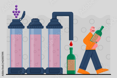 Male holding bottle with drink, checks wine production process. Time for winemaking process with organic grapes. Making alcohol drinks. Wine production industry. Vector flat illustration