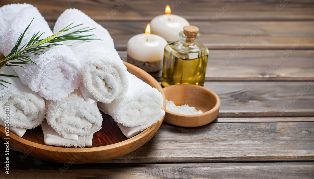 Spa composition with white towels in a wooden plate. Spa composition with white towels in a wooden plate.