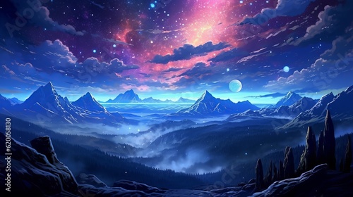 Cosmic tapestry: 4K digital art illuminates anime landscape with starry night splendor - landscape with clouds, wallpaper, Generative AI