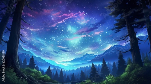 Landscape with starry sky and stars - Captivating anime landscape: serene starry night sky with twinkling stars and luminous comet - 4K digital artwork, wallpaper, Generative AI