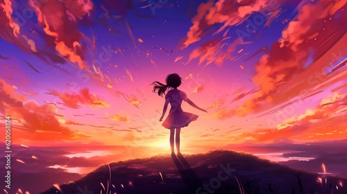 Serene anime girl silhouette embracing a mesmerizing sunrise on hilltop - breathtaking 4K digital artwork - Silhouette of a girl in the mountains, wallpaper, Generative AI