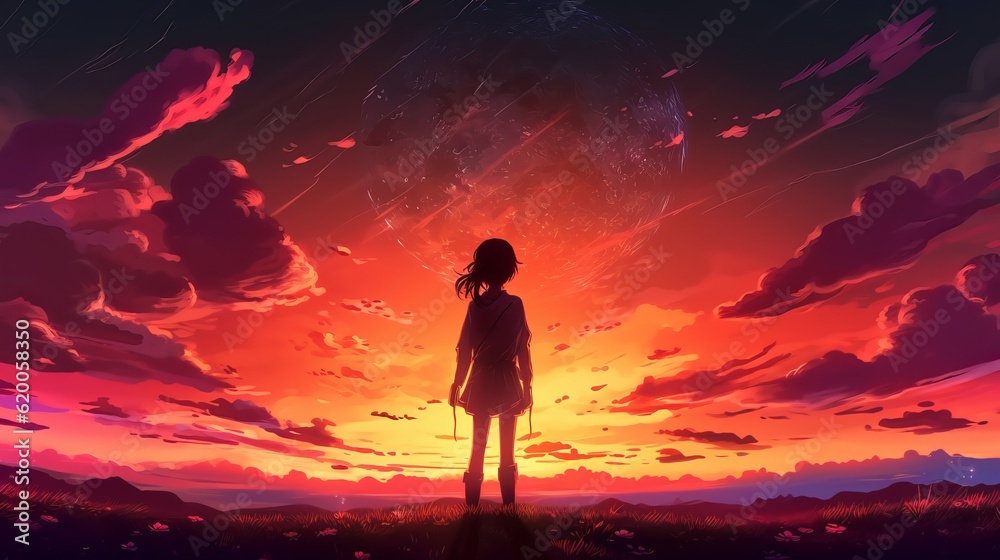 Anime girl silhouette at sunset: breathtaking 4K digital artwork of grace and contemplation, wallpaper, Generative AI