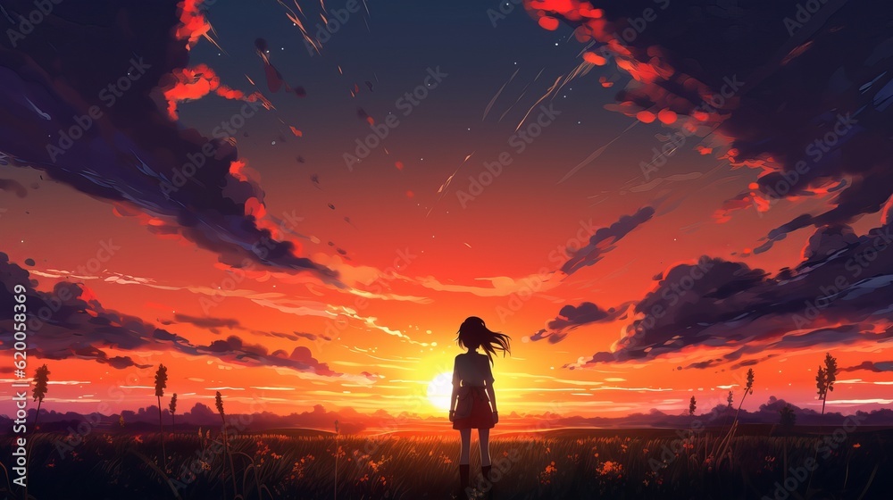 silhouette of a girl - Anime girl silhouette at sunset: breathtaking 4K digital artwork of grace and contemplation, wallpaper, Generative AI