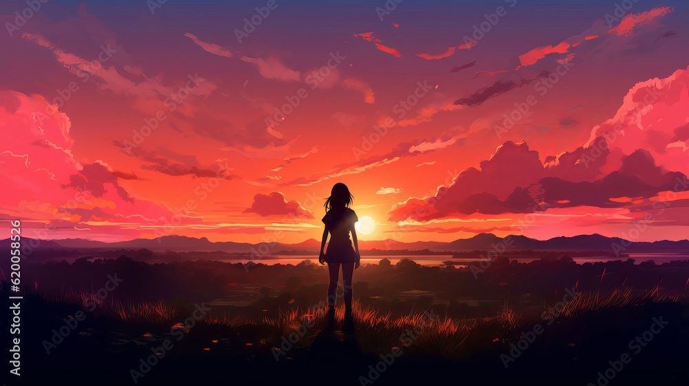 Fototapeta premium Silhouette of a person in the sunset - Graceful anime girl silhouette at sunset: 4K digital artwork depicting contemplation and serenity, wallpaper, Generative AI