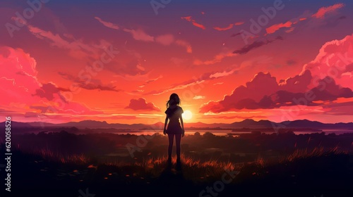 Silhouette of a person in the sunset - Graceful anime girl silhouette at sunset  4K digital artwork depicting contemplation and serenity  wallpaper  Generative AI