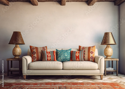 blank wall Mexican style interior mockup living room with sofa