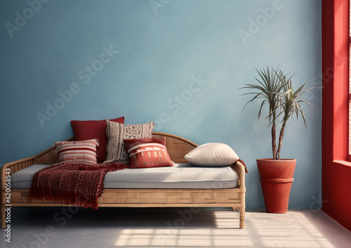 blank wall Mexican style interior mockup living room with sofa