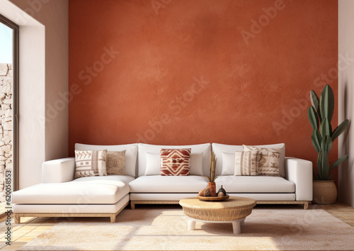 blank wall Mexican style interior mockup living room with sofa
