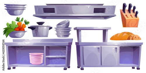 Restaurant kitchen interior with professional equipment for cooking food. Modern hotel, cafe or hospital kitchen with tables, counter, hood, plates and knives, vector cartoon illustration