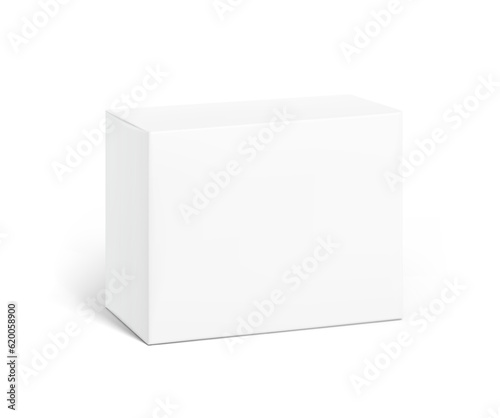 Realistic cardboard box mockup. Vector illustration isolated on white background. Half side view. Can be use for food, cosmetic, pharmacy, sport and etc. Ready for your design. EPS10.