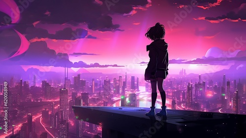 Futuristic city reverie: anime girl silhouette in captivating digital artwork, wallpaper, Generative AI