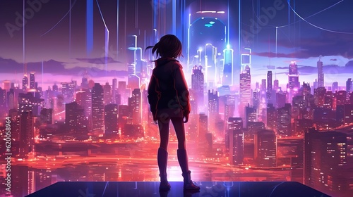 Futuristic anime girl silhouette: Awe-Inspiring cityscape with vibrant neon lights, wallpaper, Generative AI