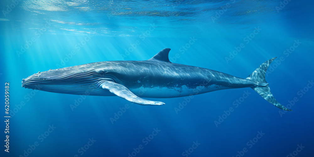 Naklejka premium a gigantic blue whale swimming in the ocean, underwater world, generative ai