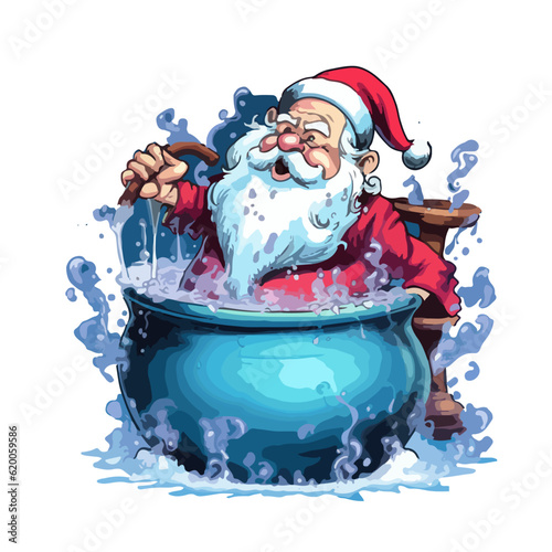 santa clause brews a happiness potion in the cauldron vector