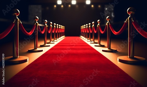 Red Carpet hallway with barriers and red ropes, Generative Ai