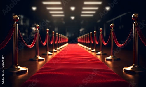 Red Carpet hallway with barriers and red ropes, Generative Ai