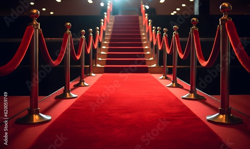 Red Carpet hallway with barriers and red ropes, Generative Ai