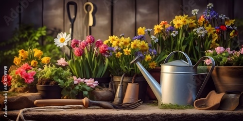 Gardening, different spring and summer flowers, gardening tools on garden table. generative ai