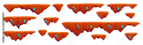 Flying game island platform vector illustration. Crystal soil ground landscape cartoon clipart with floating terrain environment asset. 2d fantasy adventure background for run in videogame world